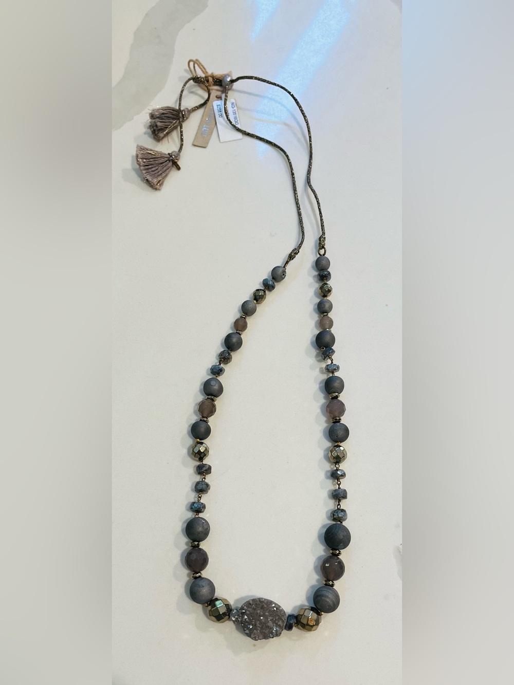 Chan Luu Beaded Tassel Gray Geo Adjustable Necklace